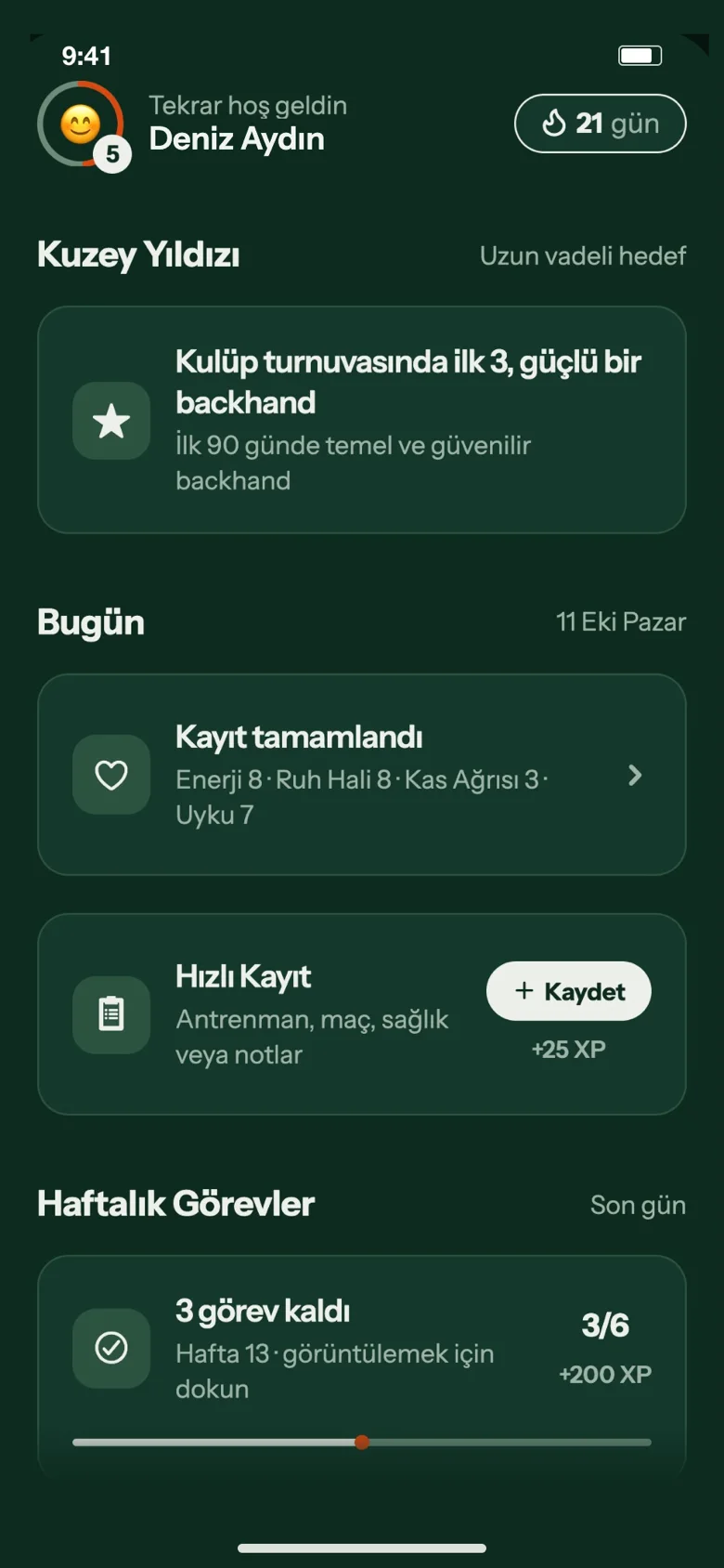 Bestplay Athlete ana sayfası: sporcunun uzun vadeli hedefi, bugünkü kaydı ve haftalık görevleri
